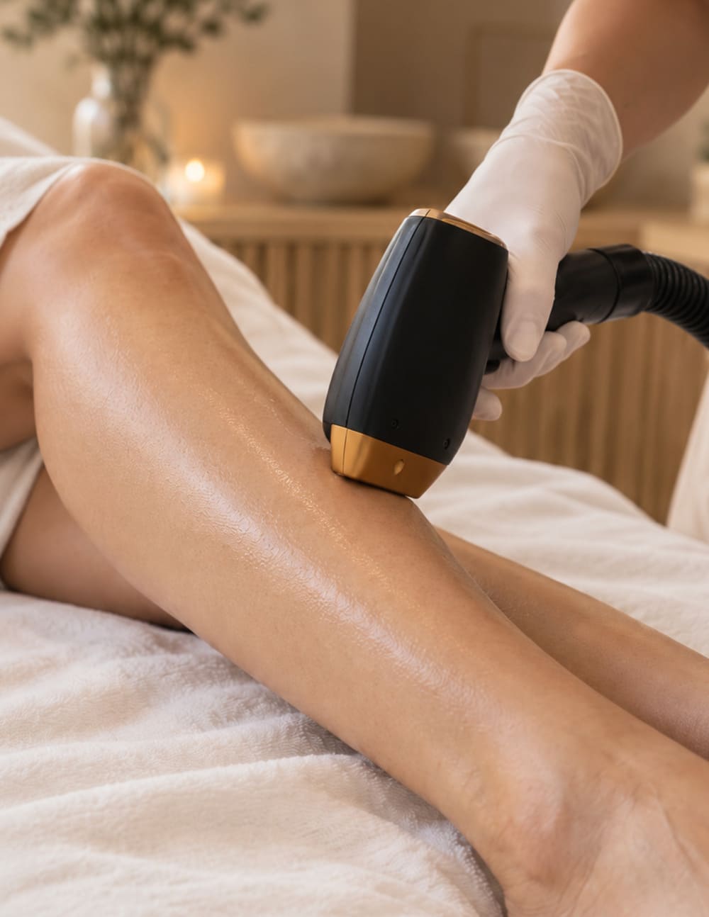 Especialista aplicando depilación láser en la pierna de una clienta en cabina de Aruna Home of Wellness, spa en Villahermosa